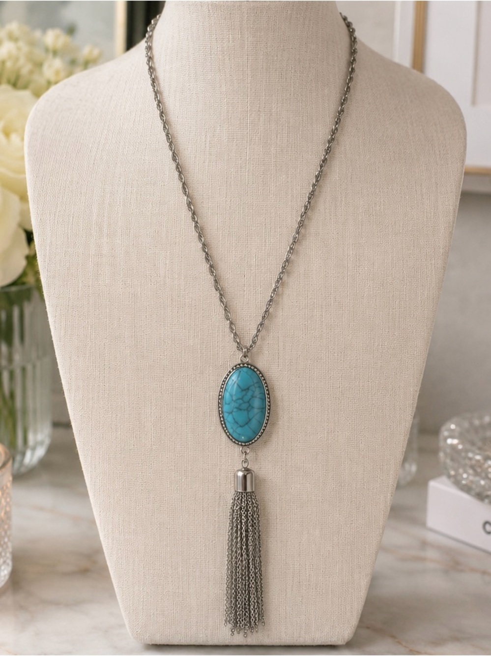 Silver Tone Faux Turquoise Tassel Necklace | Long Boho Statement Pendant 34”